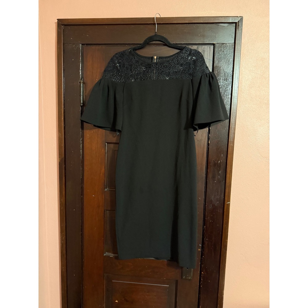 Calvin Klein Black Lace Sequin Flutter Sleeve Sheath Dress Size 6 Rose Gold Zip